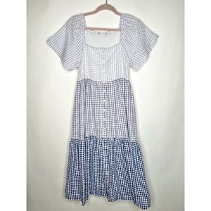 Madewell Patchwork Gingham Button Front Tiered Midi Dress Blue Purple Medium